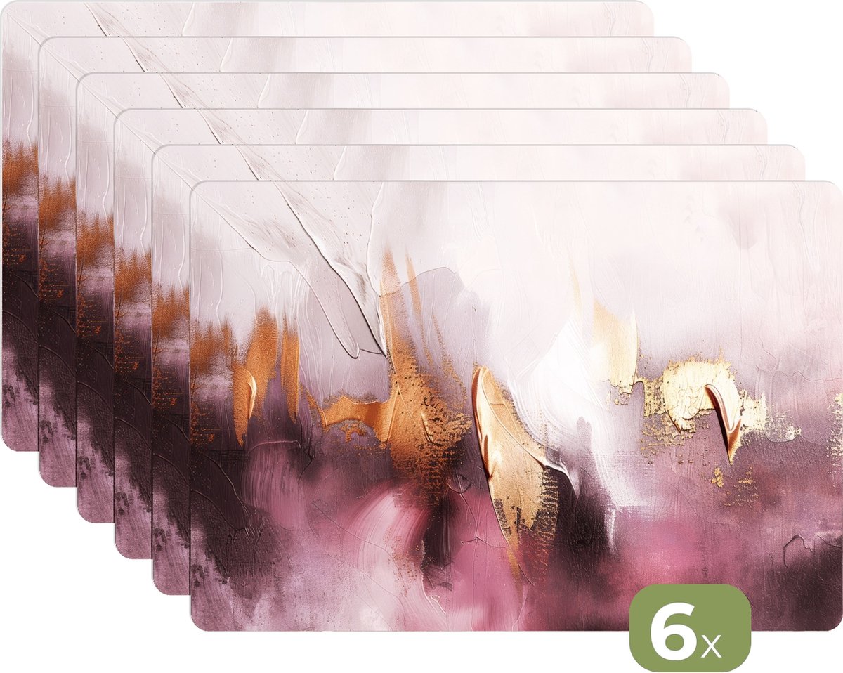 Placemats - 6 stuks - 45x30 cm - Placemat kunststof - Paars - Abstract - Verf - Goud - Borden onderleggers - Decoratie voor op tafel - Keuken tafeldecoratie accessoires - Vinyl onderlegger - Tafelversiering