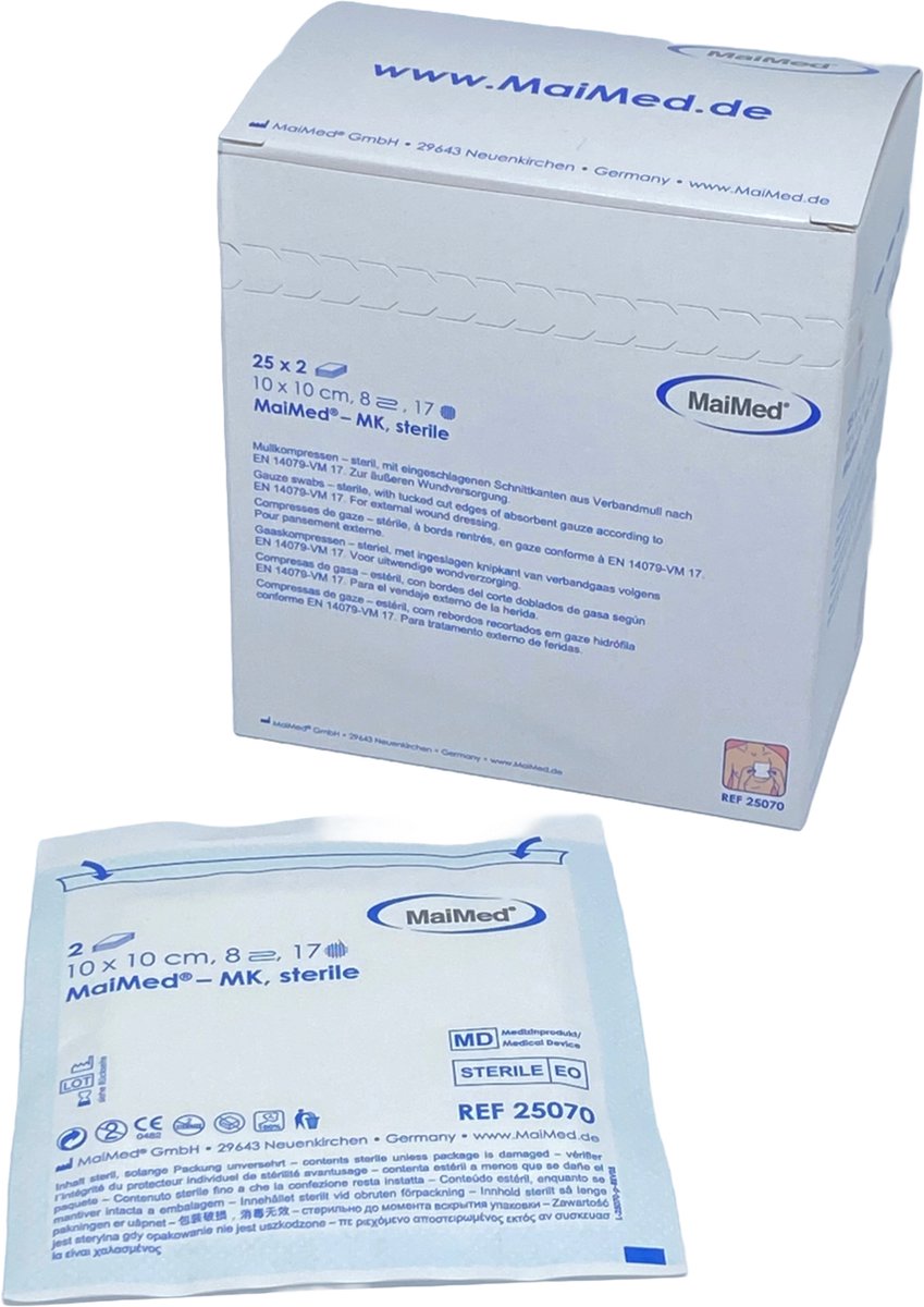 Goedkoopste MaiMed non-woven steriele gaascompressen 10cm x 10cm - 50 stuks - 8 laags