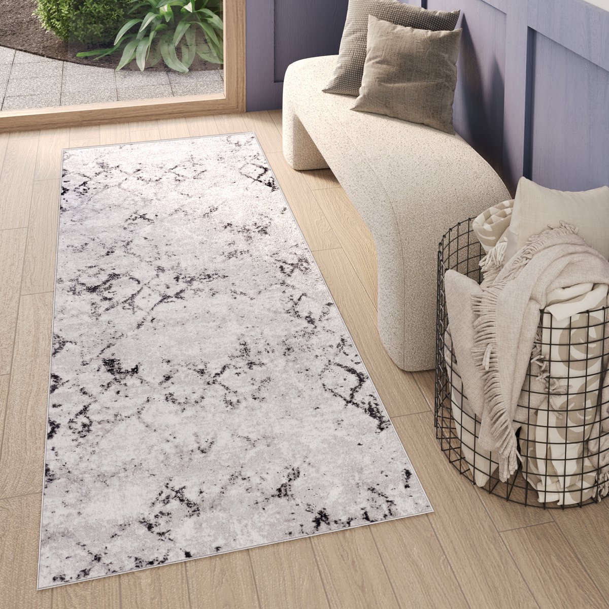 Tapiso Sky Vloerkleed Loper Grijs Geruit Vintage Woonkamer Tapijt Maat - 120x300