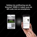 Smartphone toont "Congratulations" bericht na verificatie van Qnected HDMI 2.1 kabel certificering.