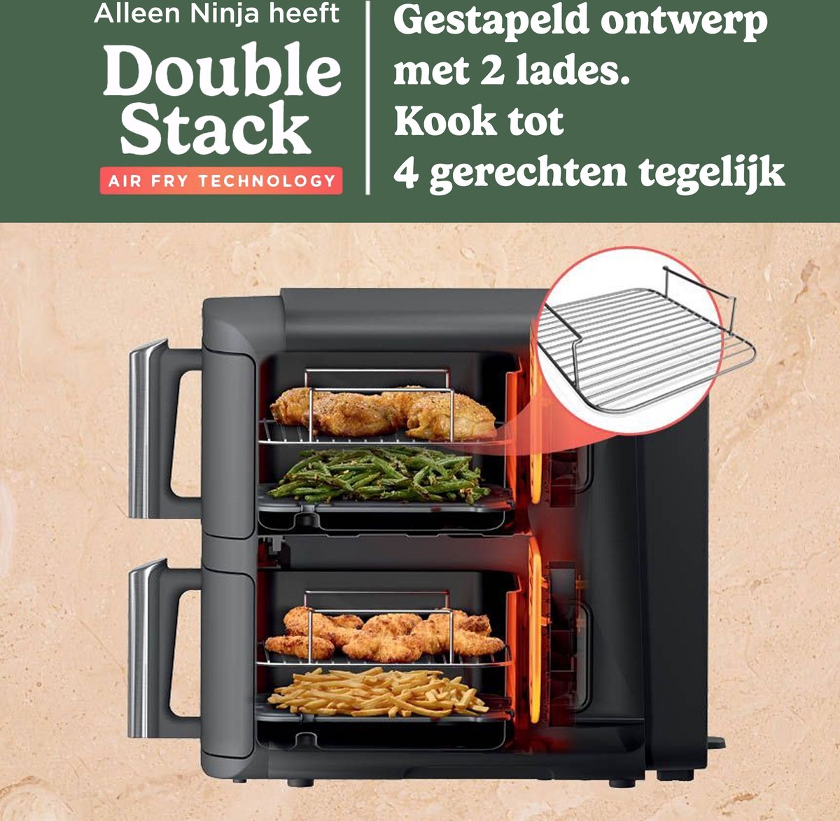 Afbeelding 2 van Ninja Double Stack Airfryer XXL - 9.5 Liter - Dubbele Gestapelde Lades - 6 Programma's - Inclusief Kookrekjes - SL400EU