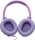 Paarse over-ear gaming headset met stoffen oorkussens, op zwarte achtergrond.