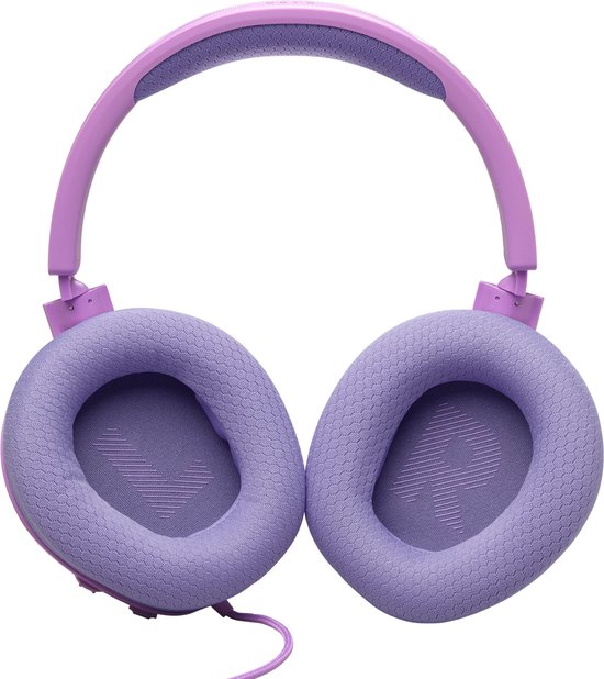 Paarse over-ear gaming headset met stoffen oorkussens, op zwarte achtergrond.