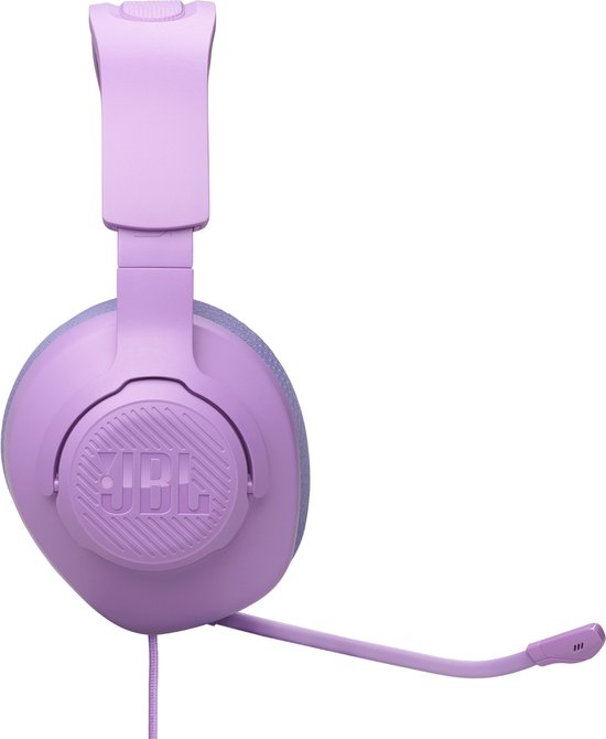 Paarse gaming headset met JBL logo, afneembare microfoon en ronde oorschelp.