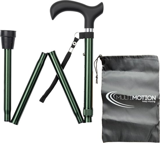 Opvouwbare groene wandelstok met zwart ergonomisch handvat, polsbandje en bijpassend opbergzakje.