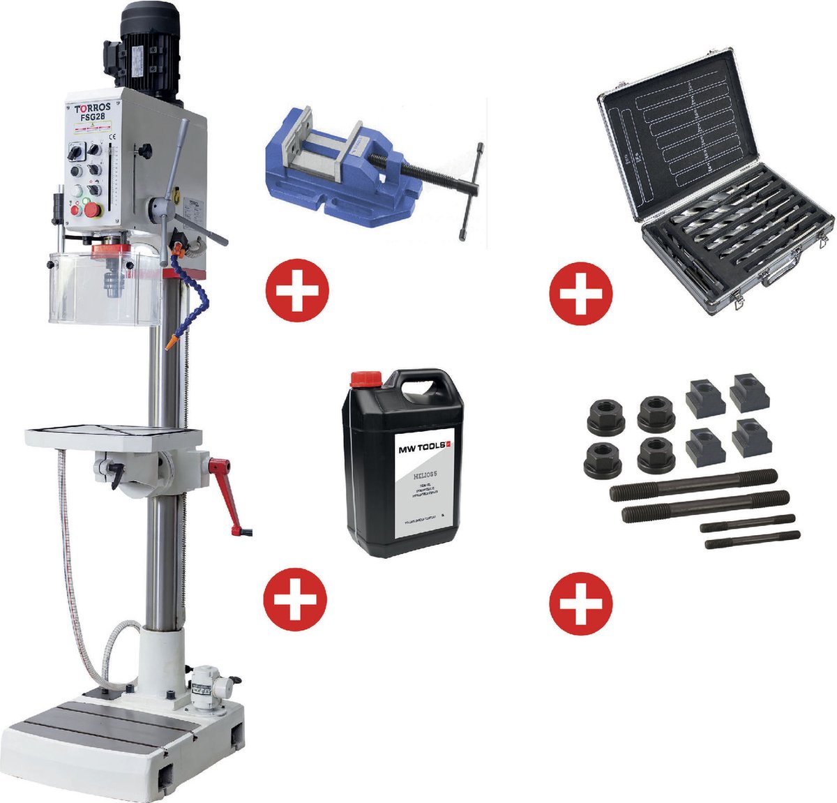 Tandwiel kolomboormachine boren tot ø 28 mm MK3 1,1 kW 400V koelpomp + essentiële toebehoren Torros FSG28 PACK
