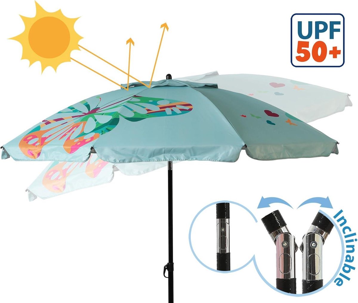 Aluminium strandparasol Ø 200 cm in lichtblauw met UPF 50+, ideaal voor strandgebruik.