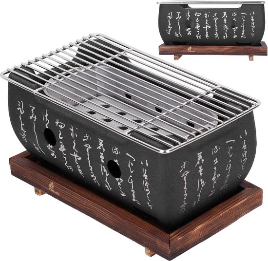 Japanse BBQ Grill met Houten Basis Aluminium Grill Tafelblad Houtskool Grill voor Huishouden Camping Outdoor Koken-S