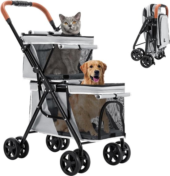 Huisdierbuggy Tot 15 Kg Draagvermogen 3-in-1 Huisdierenbuggy Met één Hand Opvouwbare Hondenbuggy Met Afneembare Drager Verstelbare Netkap Opbergmand Verstelbare Luifel En Netten Raam