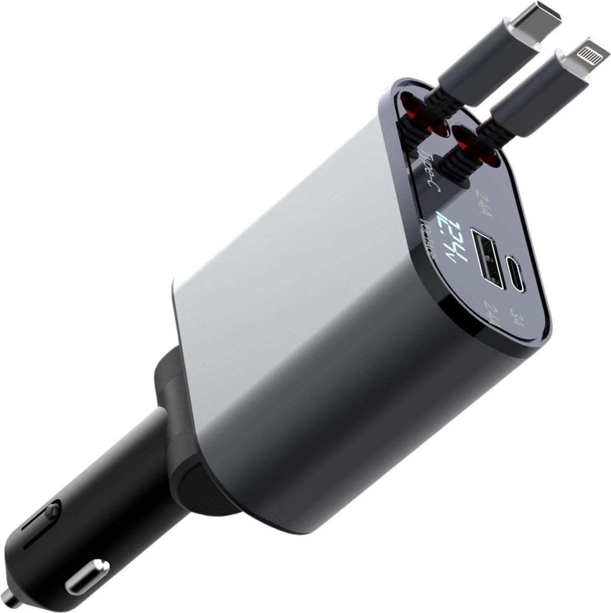 JTEX 4-in-1 Autolader 12V – USB-C kabel / lightning kabel / Verlengbare kabels / USB ingang / USB-C ingang / autolader / opladers / Apple, Android & Samsung / auto stekker / snelladen