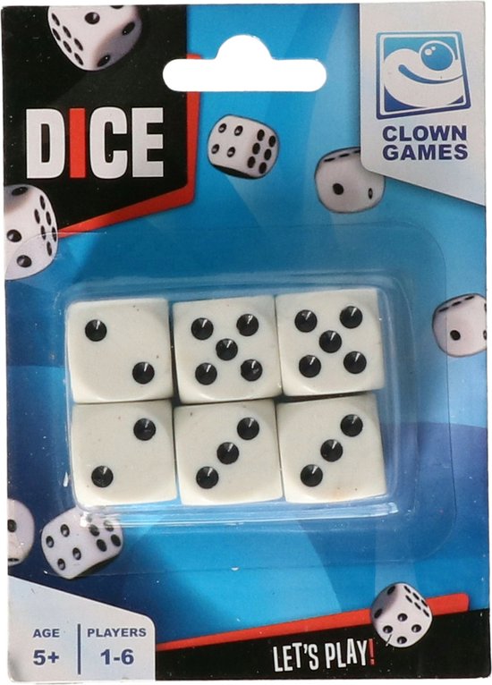 DICE WHITE PER 6 IN PLASTIC CASE - 16 MM