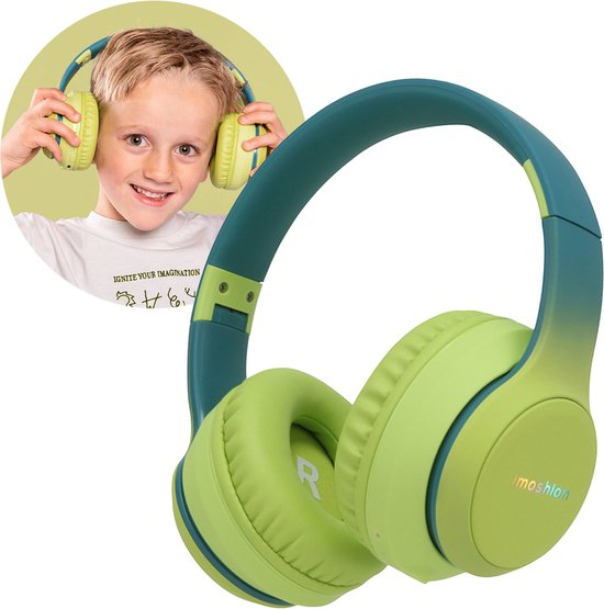 Foto: Imoshion koptelefoon kinderen met led verlichting bluetooth kinder koptelefoon hoofdtelefoon draadloos over ear petrol green lime