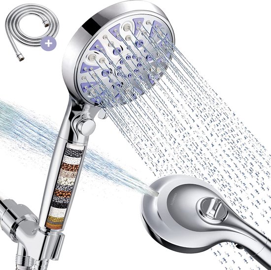 Ecoworks Waterbesparende Ionische Douchekop met Hoge druk straal - Incl. Doucheslang - 15 filterlagen - 8 Straalsoorten - Antikalk Bescherming