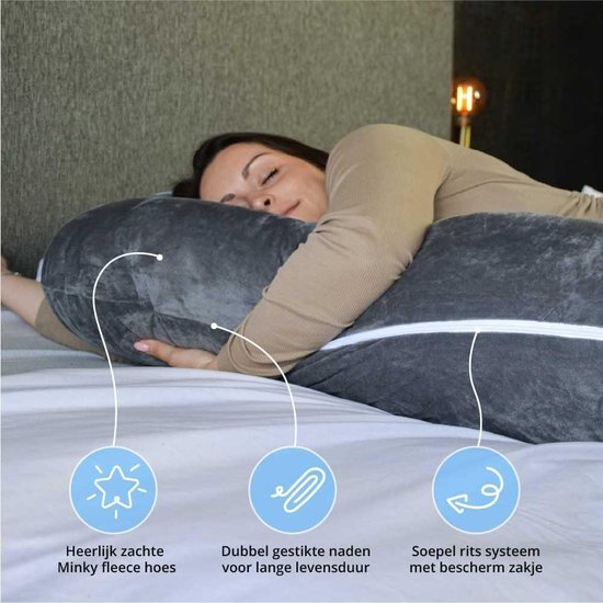 Zwangerschapskussen XXL J-vorm - Voedingskussen - Zijslaapkussen - Lichaamskussen - Grijs - 155x80cm Pregnancy pillow van Niimo — afbeelding 2