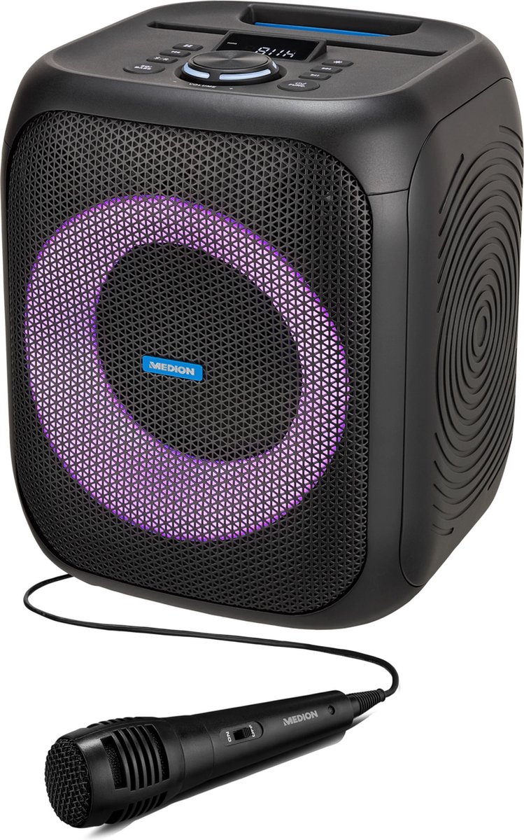 MEDION S61991 Party luidspreker met Bluetooth (party sound system inclusief microfoon, party box, draagbaar geluidssysteem, geïntegreerde oplaadbare batterij, voor binnen en buiten, lichteffecten, TWS