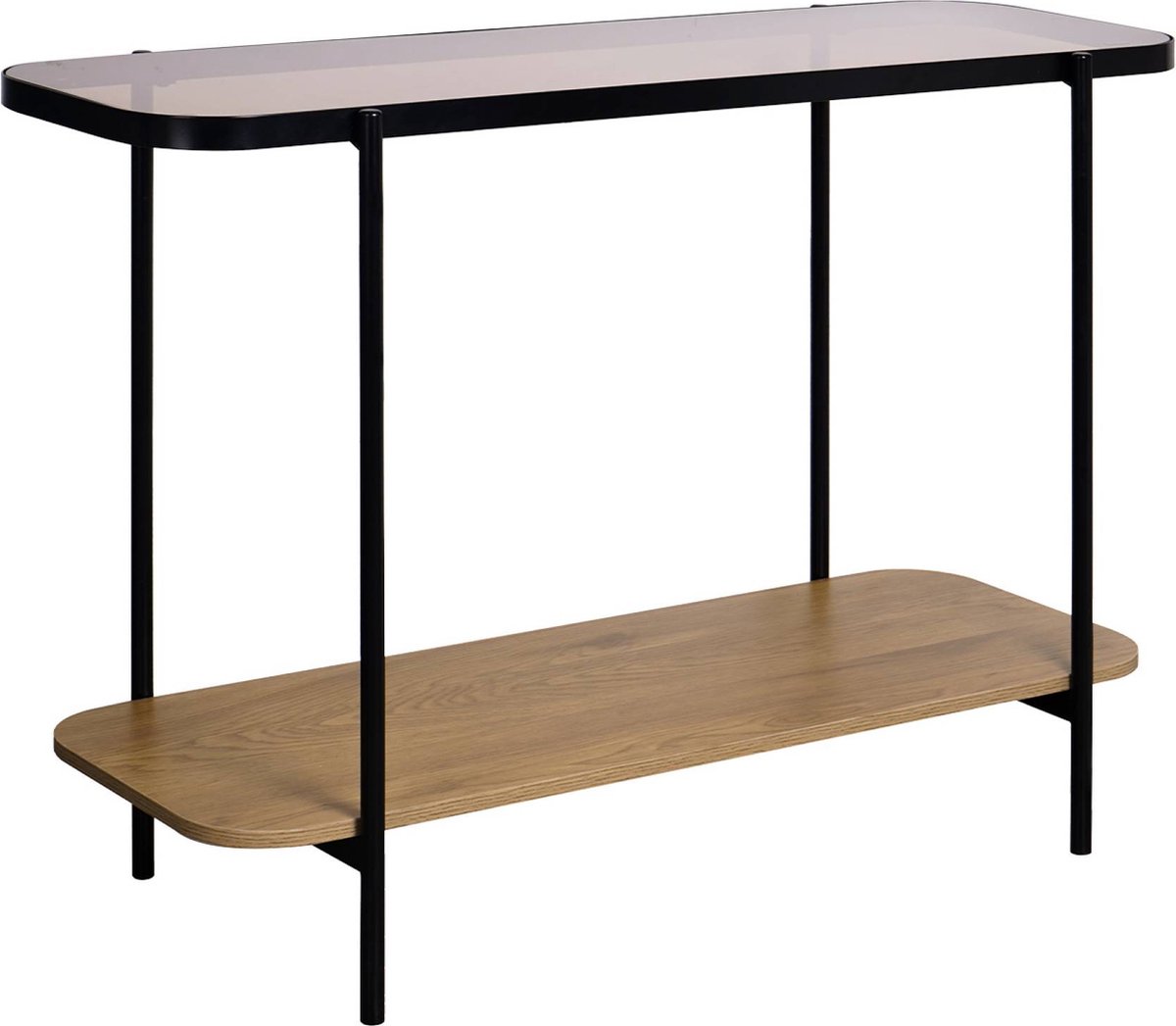 sweeek Sidetable vintage van zwart metaal met 2 plateau's (glas en houtdecor), met afgeronde randen Naturel