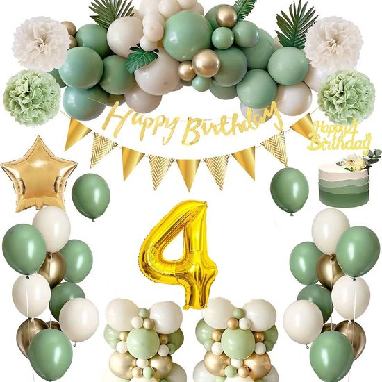 FeestmetJoep® 4 jaar verjaardag versiering & ballonnen - Goud & Groen