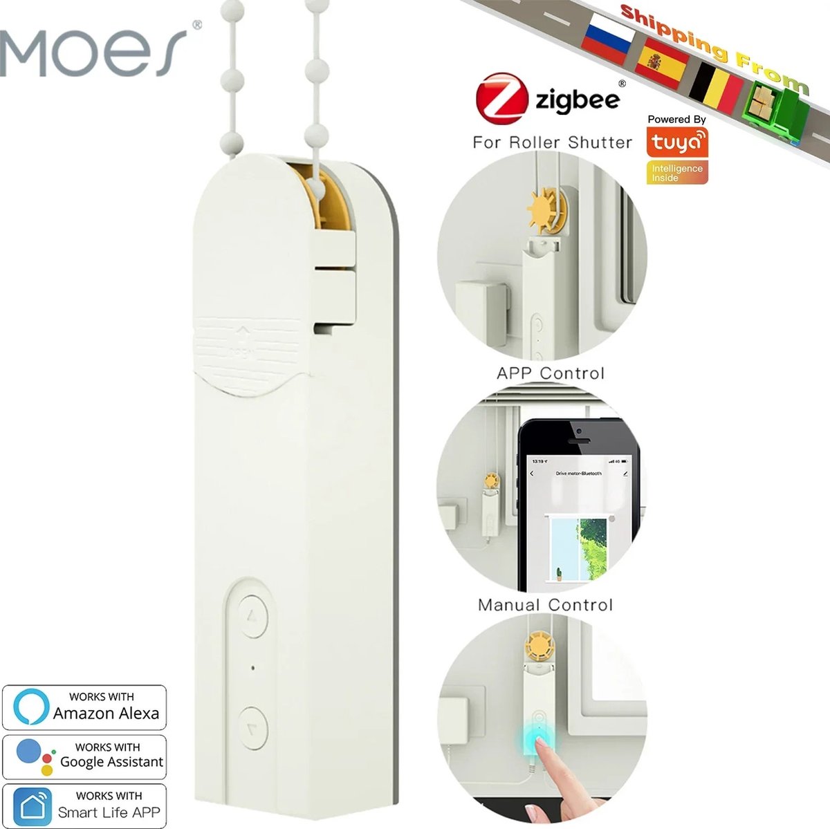 Moes ZigBee3.0 - Diy - Ketting - Gemotoriseerde - Bluetooth - EU Drive - Rolluik - Jaloezieën - Tinten - Drive Motor - Tuya - Smart App - Alexa - Google - Voice Control -