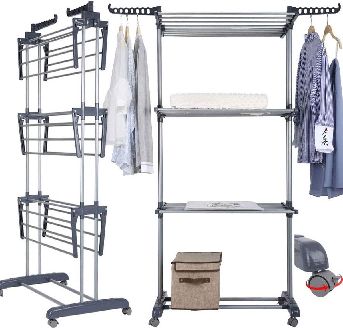 Wasrek op 3 Etages met Parkeerrem Wielen - Roestvrijstalen Buizen - Maximale Belasting 38 KG - Grote Capaciteit - Maat 172 x 72 x 50cm