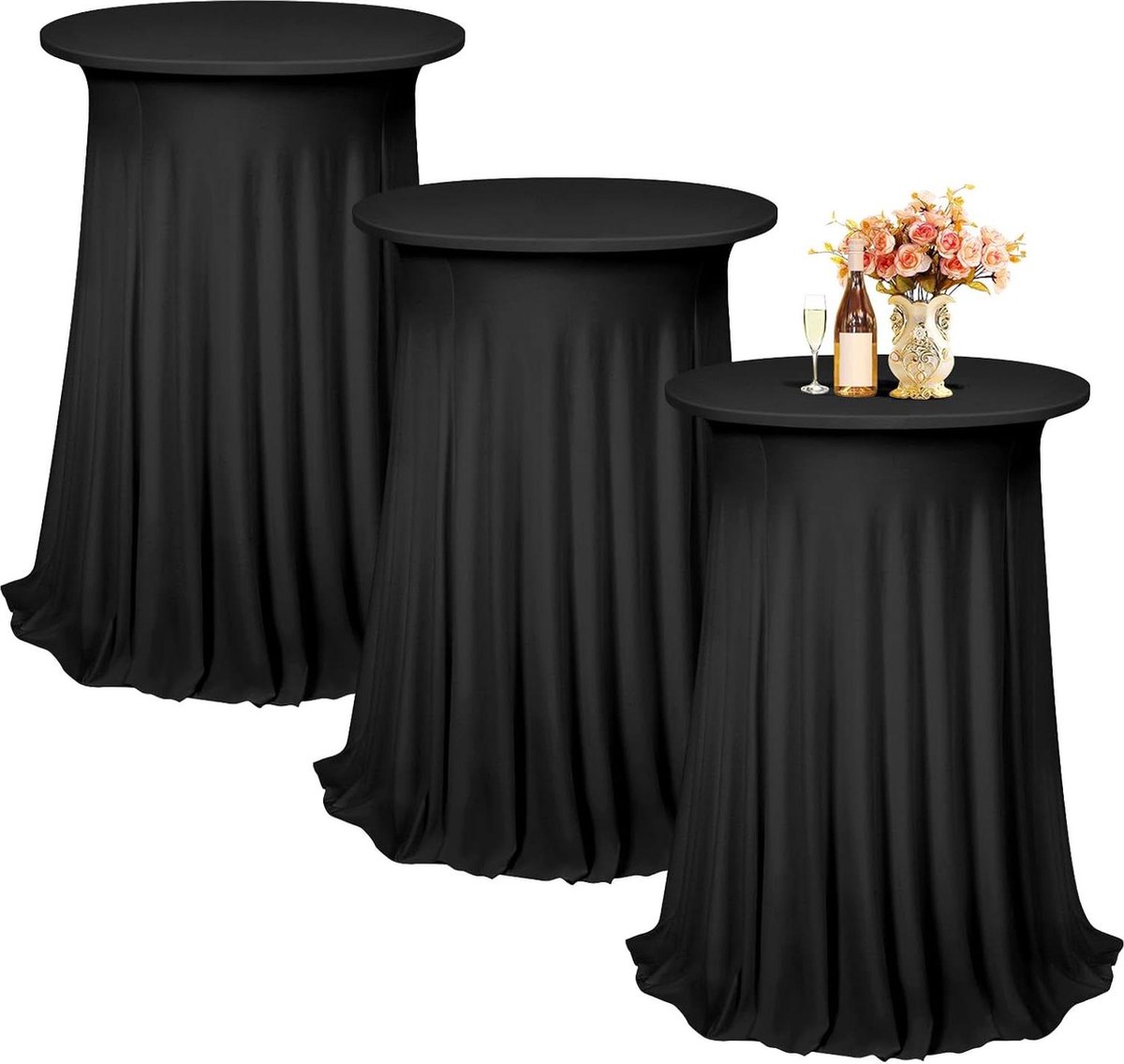 Statafelhoezen spandex stretch tafelkleed rok 80 cm - 3 stuks - bistrotafel Ø 80-85 cm - zwart