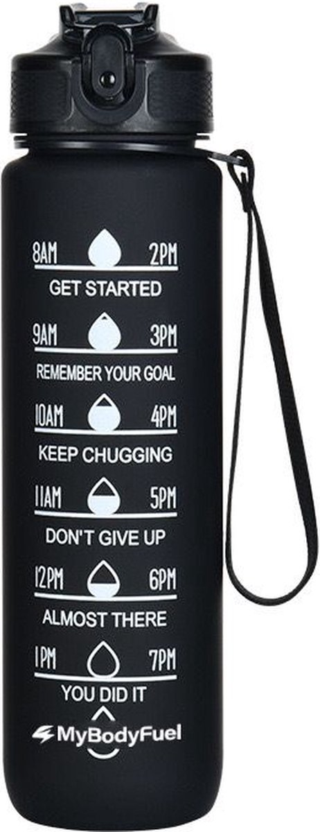 MyBodyFuel - Luxe Drinkfles - Zwart - 1000 ml - Waterfles met Rietje - Motiverende Drinkfles - Waterfles met tijdmarkering - BPA Vrij
