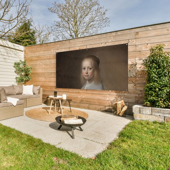 Décoration murale à l'extérieur d'une fille en bleu - Peinture de Johannes Cornelisz. Verspronck - 160x80 cm - Toile de jardin