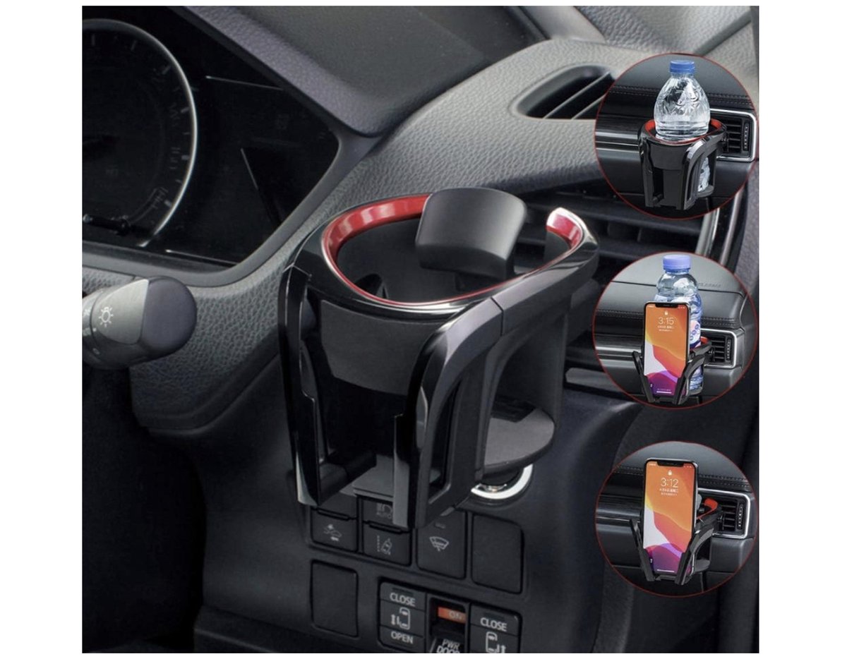 Bekerhouder voor in de auto, 2-in-1 flessenhouder, koffiebeker-, mobiele telefoonhouder, verstelbare autoventilatiehouder, rood