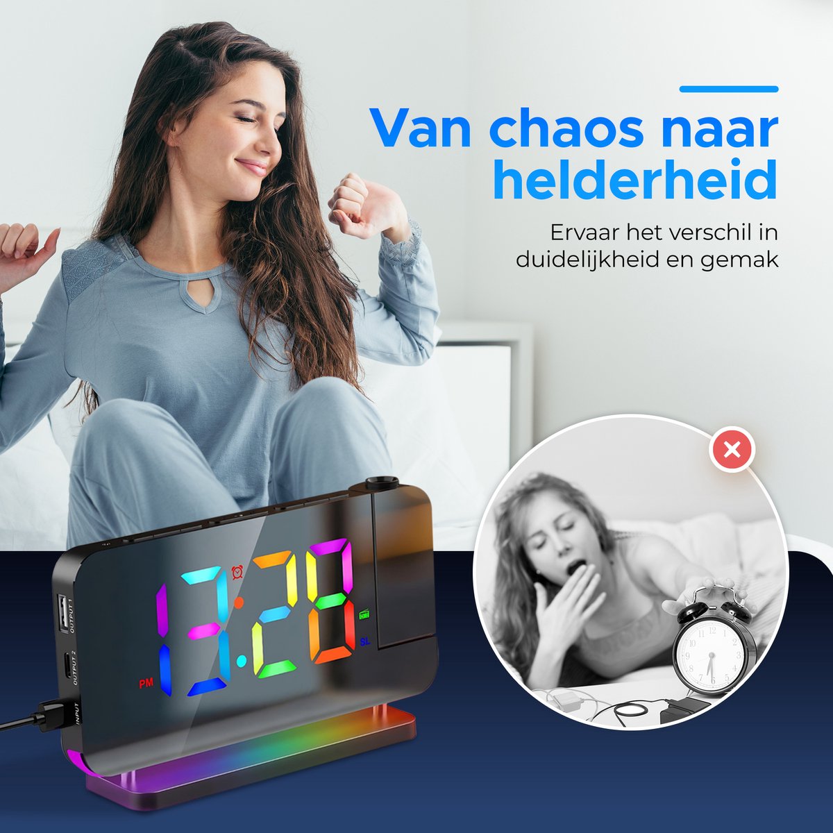 BP® Digitale Wekker Met Projectie - Wekkerradio - Projectiewekker - Digitale Wekker - Kinderwekker - Projectieklok - Snooze Functie - USB oplaadpoort - Automatische Helderheidscontrole - Zwart — cadeau in Elektronica - foto 2