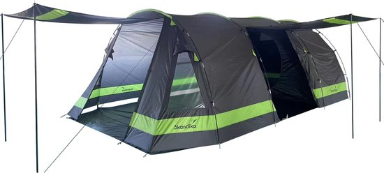 Foto: Skandika kambo 12 tent tunneltenten campingtent voor 12 personen 3 ingangen tunneltent muggengaas 2 slaapcabines 620 x 365 x 200 cm l x b x h 3000 mm waterkolom outdoor camping tuin kamperen antriciet groen