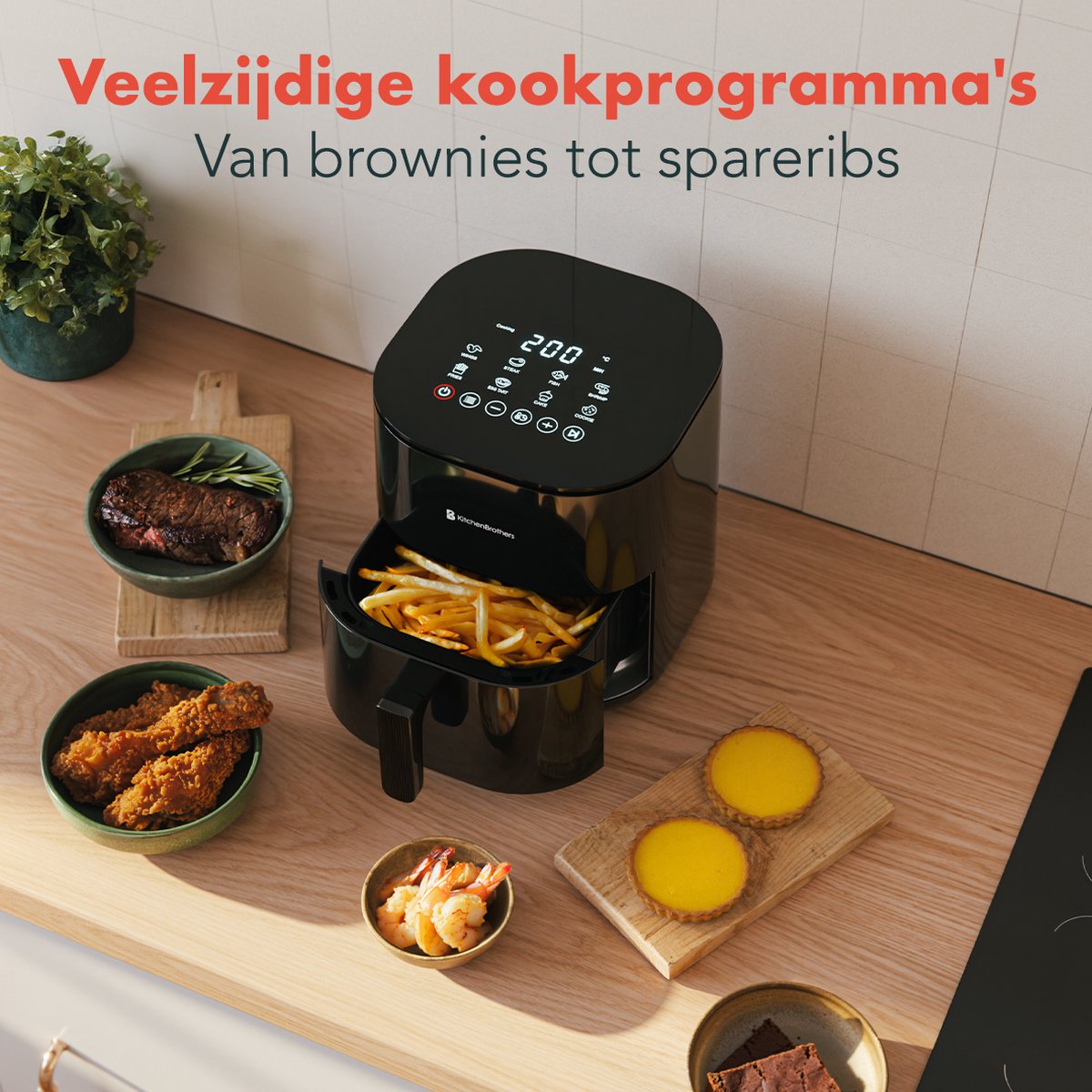 Afbeelding 3 van KitchenBrothers Airfryer XL - 2000W - 5L - Heteluchtfriteuse - Dual Heating - 80ºC tot 200ºC - 8 Kookprogramma's - Zwart