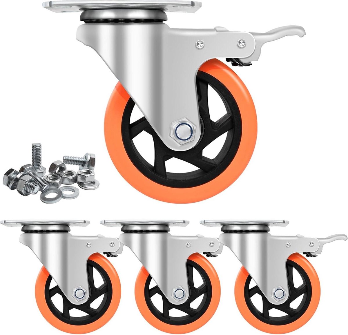 Zware 1200LB 4 inch PU-rubberen zwenkwielen met remmen - Set van 4