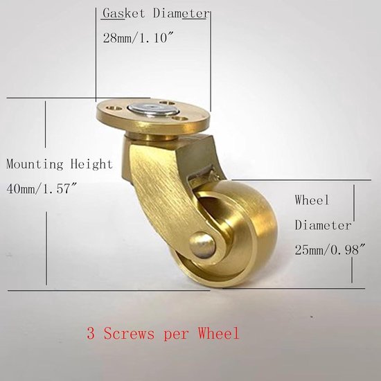 4 stuks antieke vintage meubelwielen, 25mm wielen, transportwielen, 360° draaibaar wiel, rubberen wielen, zwenkwielen van massief messing met M8 draadstang, voor meubels, fauteuils, banken