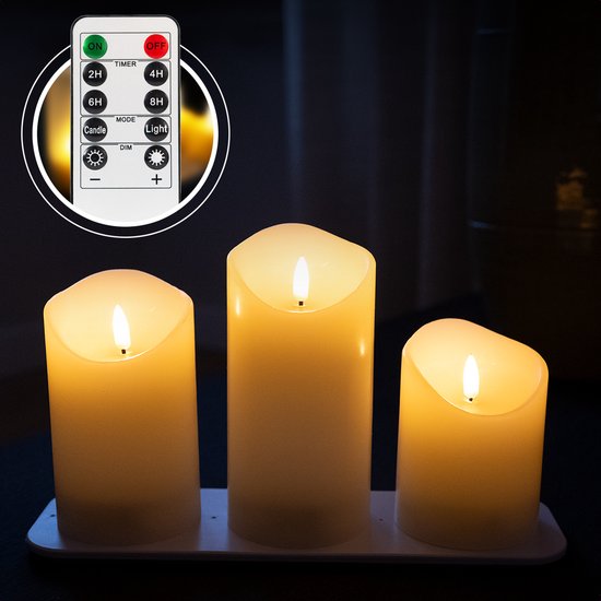 Akaro Oplaadbare LED Kaarsen – 3 flikkerende LED Kaarsen – inclusief afstandsbediening – met oplaadstation – 50+ uur brandtijd – veilig en duurzaam – waxinelichtjes - theelichtjes - nep kaarsen