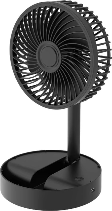 Telescopische tafelventilator oplaadbaar zwart, 3 snelheden, opvouwbaar, compact, USB-C, draagbaar voor camping en kantoor