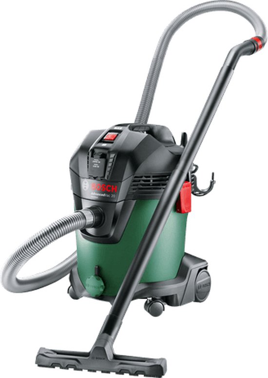 Groene Bosch AdvancedVac 20 ketelstofzuiger met handgreep en zuigmond.