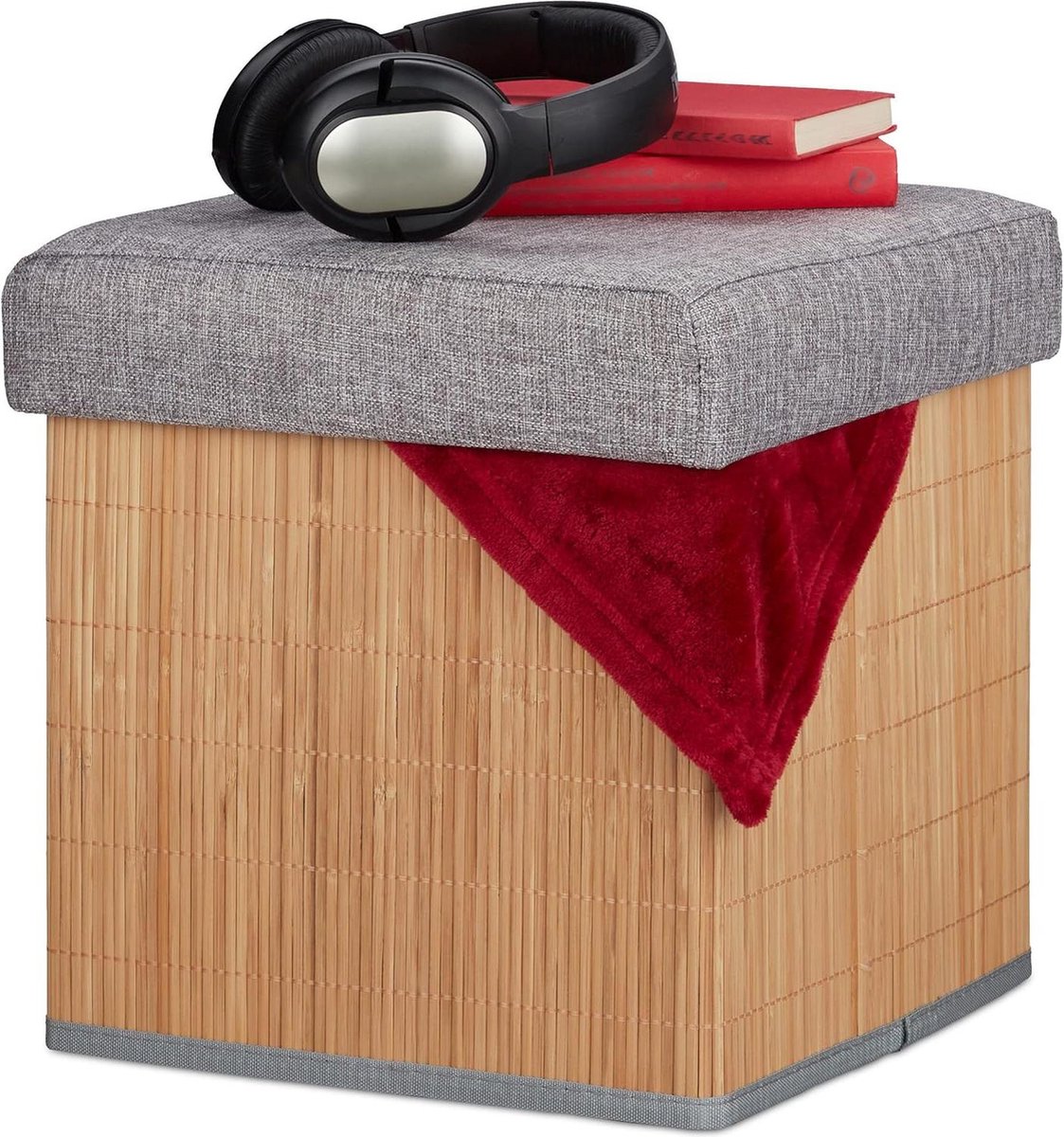Gepolsterde opvouwbare bamboe & stoffen poef met opbergruimte - naturel/grijze hocker - 36 x 35 x 35 cm