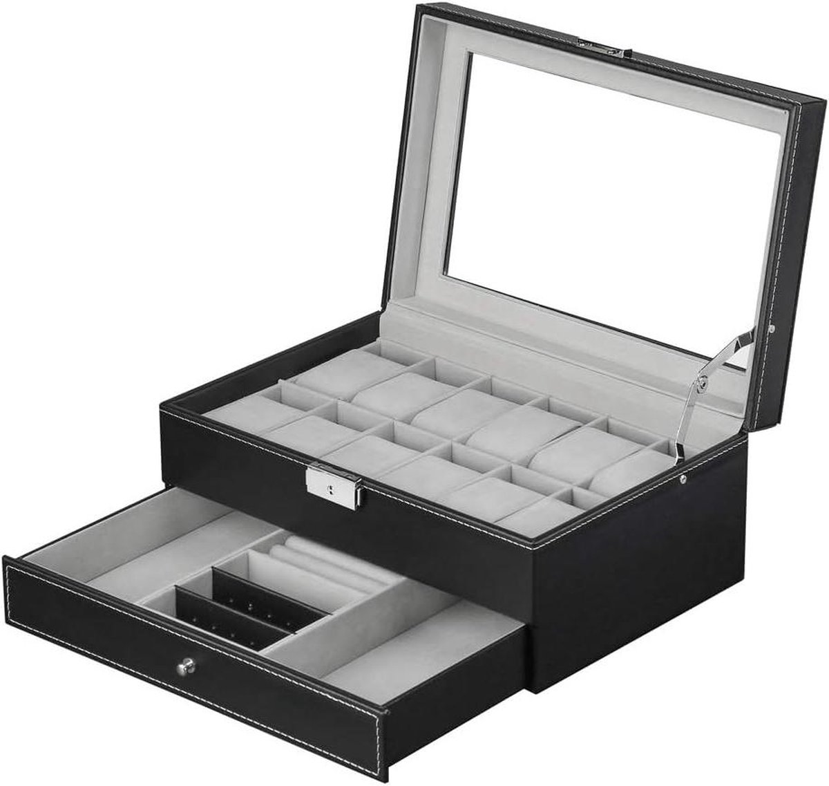 Horlogedoos van leer met 12 vakken en lade - luxe horloge presentatie-organizer - horlogekoffer sieradendoos met glazen display - horloges ringen armbanden