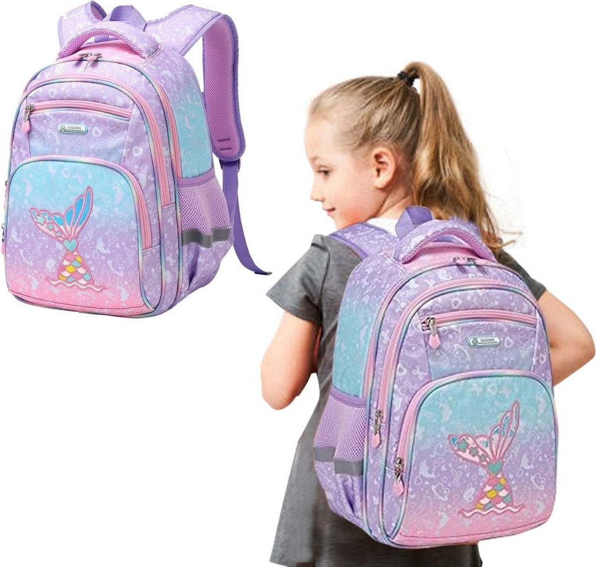 MKSS® Boekentas Meisjes Lagere School - Schooltas Eersteleerjaar Groot - Paars met Zeemeermin