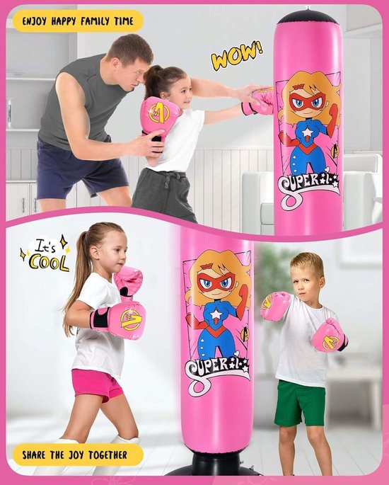 QPAU Kinderbokszak met bokshandschoenen, 66 inch grotere stabiele opblaasbare bokszakset voor kinderen, cadeau voor jongens en meisjes van 6-12 jaar, voor het beoefenen van karate, taekwondo, MMA