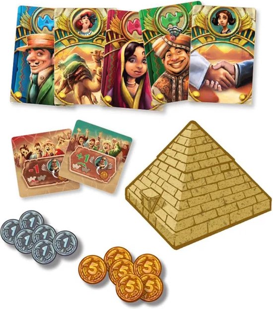 Bordspel Kamelenrace met piramide, gekleurde kamelen, palmbomen en munten.