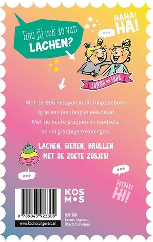 Achterkant "De Zoete Zusjes Moppenboek" met tekst over 365 moppen en tekening van de zusjes.