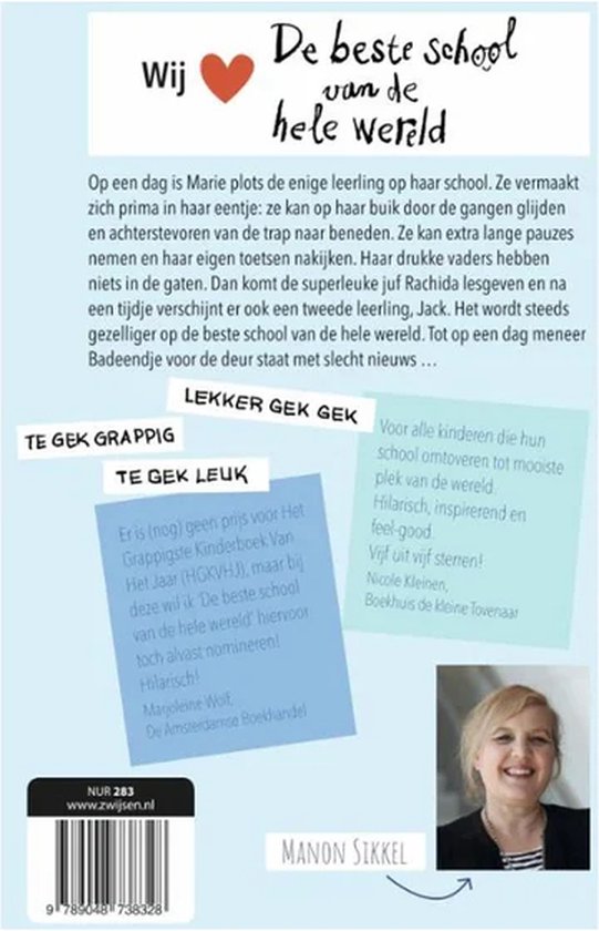 Achterkant boek met tekst en foto van auteur Manon Sikkel.