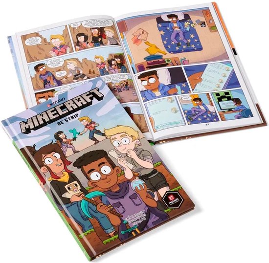 Een open stripboek met de titel 'Minecraft De Strip' en een gesloten stripboek ernaast.