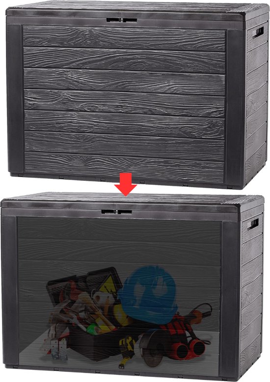 MKSS® Tuinkast - Tuinkist - Tuinkasten voor Buiten - Tuinberging - Kunststof - 80x50x20cm - Zwart Hout Look