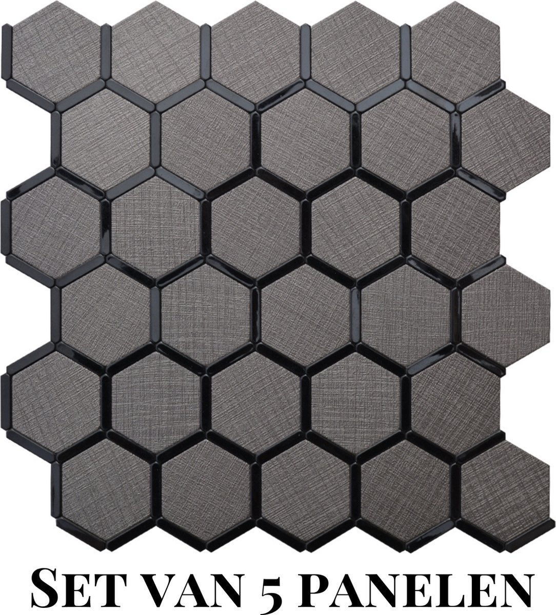 Wallways Wandpanelen - Plaktegels - Set van 5 Tegels - Tegelsticker - Zelfklevende Tegels - 4MM dik - Aluminium toplaag - Waterdicht - Krasbestendig - Hittebestendig - 3M Kleeflaag - Hexagon Grey Steel