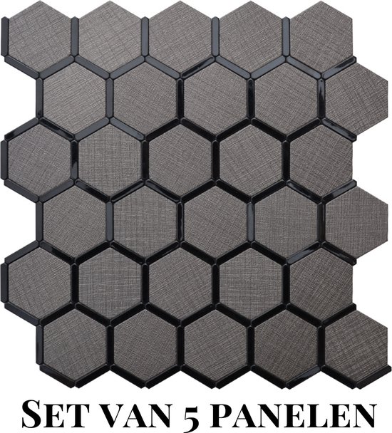 Zelfklevende hexagon tegels met een grijze staal textuur, verbonden door zwarte lijnen. Set van 5 panelen.