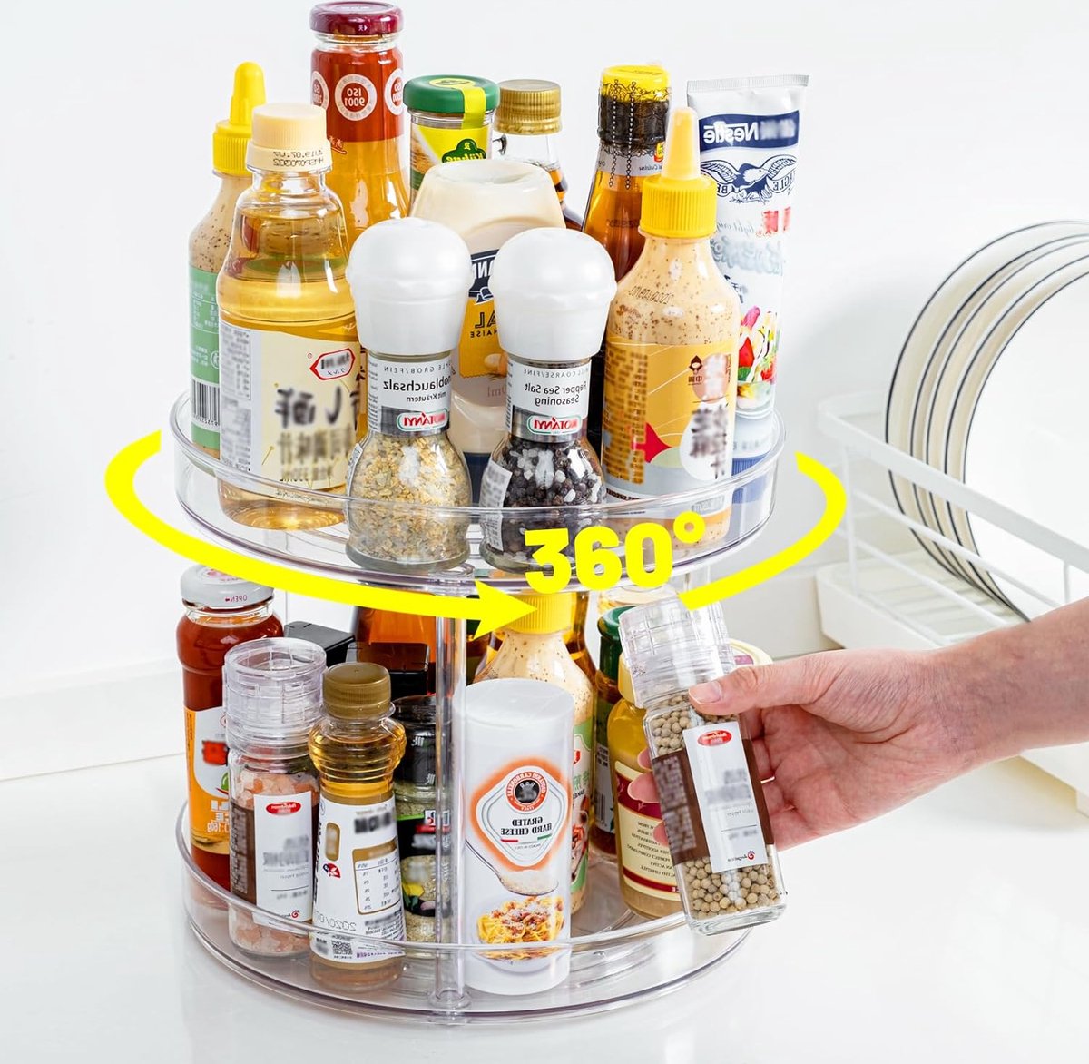 Keuken Lazy Susan Draaibare Kruidenhouder Draaiplateau Kast - Twee Verdiepingen - Transparant - 23cm aanrecht organizer