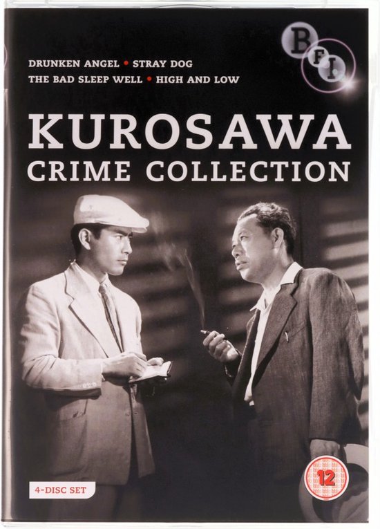 Kurosawa Crime Collection DVD-hoes met twee mannen in pakken, een wit, de ander donker, met een pet. Beide kijken elkaar aan.