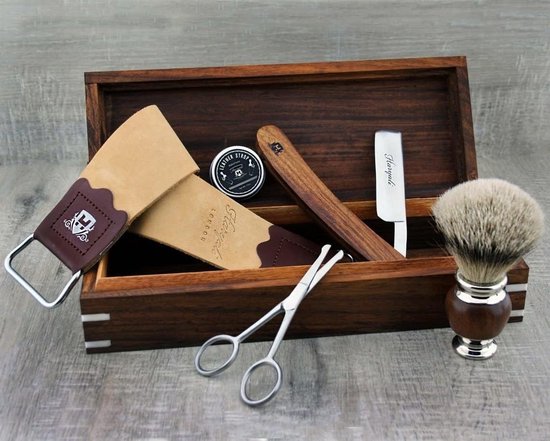 Haryali London 6-delige Scheerset voor Mannen – Open Scheermes, Scheerkwast, Leren Strop, Baardschaar en Stroppasta – Houten Opbergdoos - Cadeau voor hem