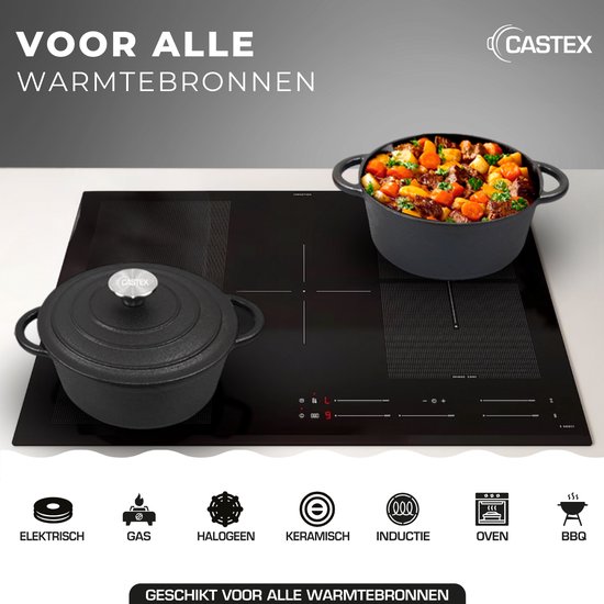 Castex Gietijzeren Braadpan met Deksel 24 cm - Inductie Pan - Braadpannen Gietijzer - Zwart